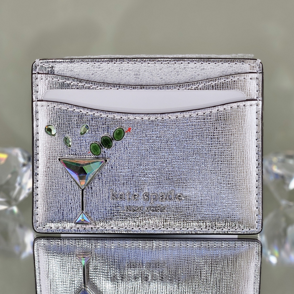 Kate Spade Card Case Silver Multi Shaken Not Stirred Martini Embellished Leather